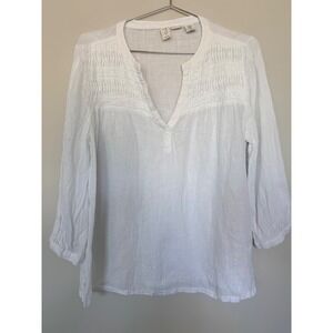 Joie Womens White 100% Linen Smocked V-Neck 3/4 Sleeve Blouse Top Medium